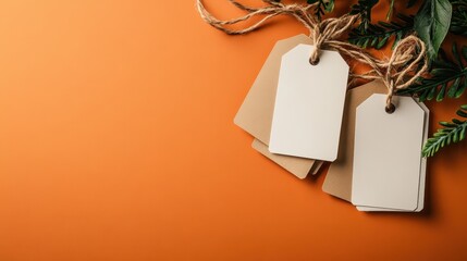 Neutral blank tags paired with natural twine and greenery, artfully displayed on a vibrant orange surface, offering a fresh and versatile design element.