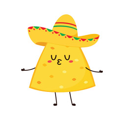 Nachos Characters with Mexican hat. Nice Mexican food. Nachos chips in sombreros and maracas hats. Vector illustration.