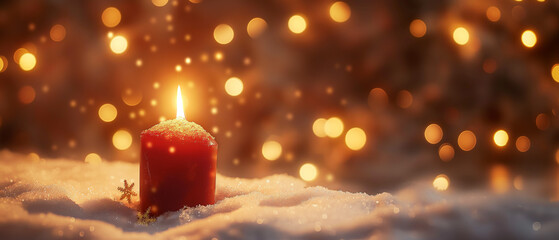A picturesque snowy scene with a vibrant red candle flickering gently, set against a backdrop of shimmering golden bokeh lights, providing ample copy space for your festive Advent message.