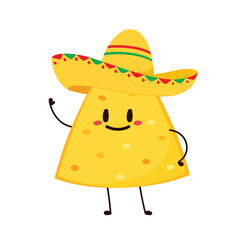 Nachos Characters with Mexican hat. Nice Mexican food. Nachos chips in sombreros and maracas hats. Vector illustration.