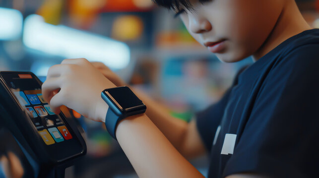 A young boy using smartwatch making payment, showcasing digital money using in normal life.