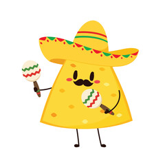 Nachos Characters with Mexican hat. Nice Mexican food. Nachos chips in sombreros and maracas hats. Vector illustration.