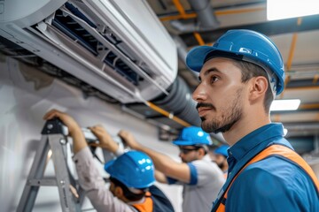 Professional HVAC technician in uniform inspecting air conditioner