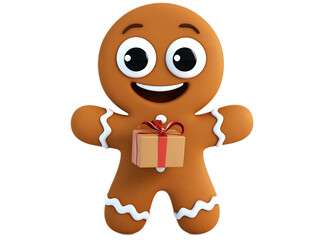 Cheerful Gingerbread Character Holding Gift Box for Holiday Cheer