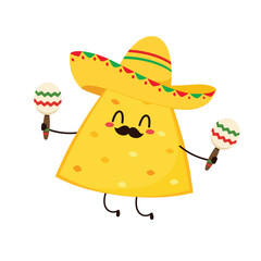 Nachos Characters with Mexican hat. Nice Mexican food. Nachos chips in sombreros and maracas hats. Vector illustration.