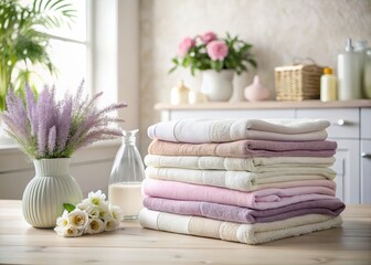 A Cozy Collection of Freshly Laundered Towels in Soft White, Beige, Pink, and Purple Hues Perfect for Home Decor and Relaxation in a Clean Laundry Setting