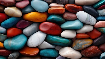 A vivid collage of polished stones in diverse shapes and bright colors, mixed together to create a vibrant and visually appealing texture and composition.