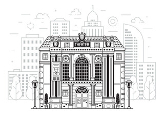 Retro Cinema or Movie Theater Building in Line Art