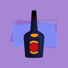 Liqueur cartoon illustration. Dark blue bottle with red blank label. Alcohol concept. Vector illustration can be used for topics like bar menu, liquor store, wine house