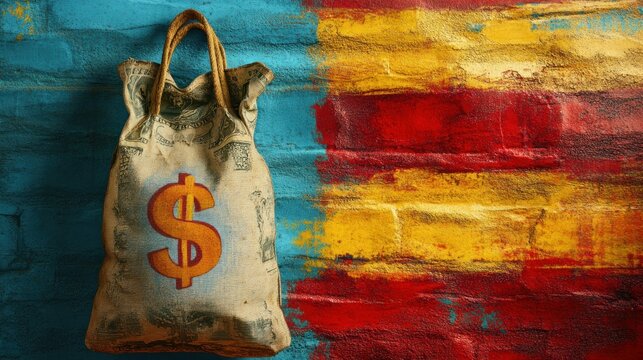 A money bag with a dollar sign hangs against a painted brick wall with the colors of the Spanish flag.