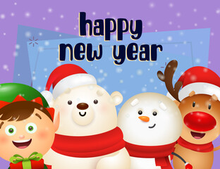 New Year postcard design with cartoon reindeer, elf, snowman and polar bear holding gifts on purple background. Vector illustration for Christmas posters, greeting and invitation card templates