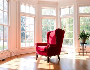 Fototapeta premium A red velvet wingback chair in a bright, airy room with large windows and wooden floors