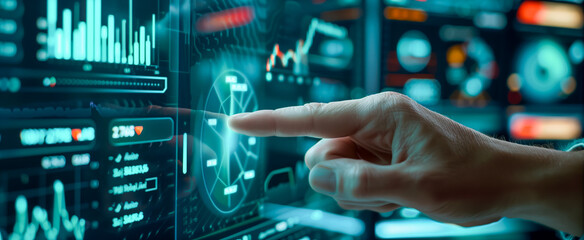Hand interacting with digital data on futuristic screen interface