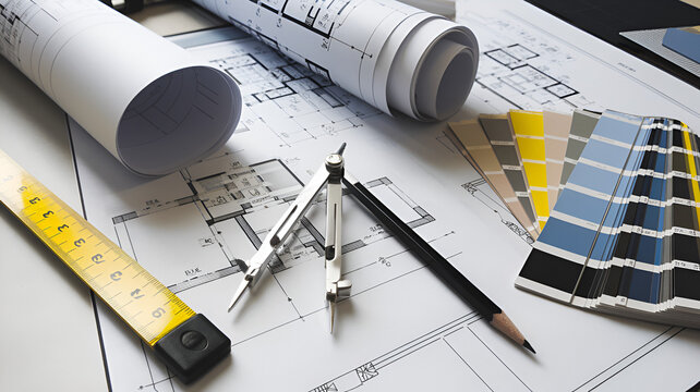 Architectural blueprints, design tools, and color palettes