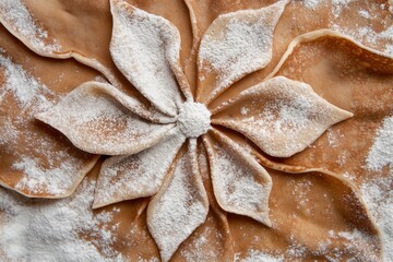Exquisite Delicate Flower Design Created from Thin Crepes Dusting with Powdered Sugar on Rustic Wooden Table for Culinary and Dessert Photography
