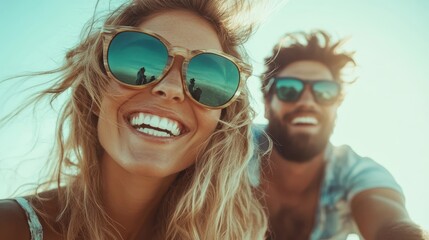 A group of friends shares a joyful moment under the sun, their happiness evident in the smiles, enhanced by stylish sunglasses reflecting a perfect summer day.