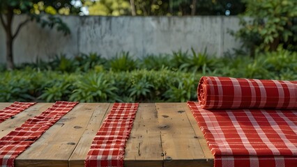 Fabric cloth placemat or checked red on wood table counter top and outdoor lawn slope garden background.