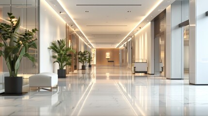 Fototapeta premium Modern, spacious hallway with polished floors, plants, and ambient lighting.