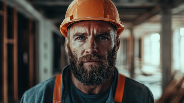 A serious construction worker in safety gear and an orange helmet stands at a construction site, highlighting focus, safety, and professionalism in the job.
