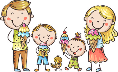 Happy cartoon family eating ice cream, parents with kids standing together, isolated characters, flat vector illustration