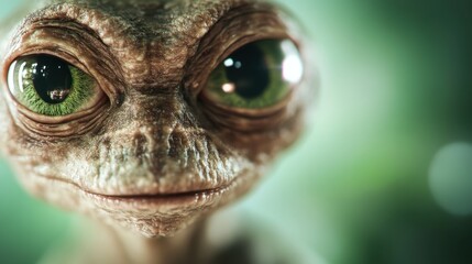 This captivating image features a close-up of an alien with compelling large green eyes, set against a softly blurred background, evoking curiosity and otherworldliness.