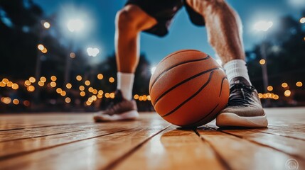 Naklejka premium A close-up of a basketball on a court, emphasizing the player preparing to shoot.