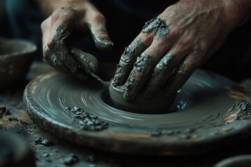 Hands shape clay into pottery on a spinning wheel in studio