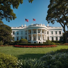 The White House surrounded by lush gardens, with a bright blue sky overhead and American flags fluttering.