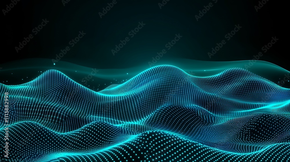 Poster abstract 3d wave patterns with glowing blue lines and dots on a dark background for digital design p