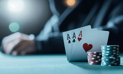 A tense moment emerges as a winning poker hand reveals itself, focusing on the Aces held tight while colorful chips create an atmosphere steeped in gambling excitement.