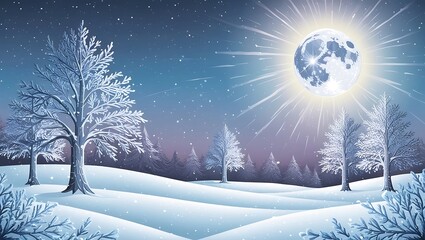 Fototapeta premium Winter Wonderland Scene with Bright Full Moon and Snow Covered Trees