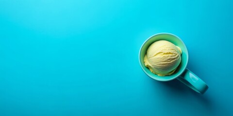 Aerial View of a Delicious Scoop of Ice Cream in a Blue Cup on a Matching Blue Background Perfect for Marketing and Social Media Copy Space