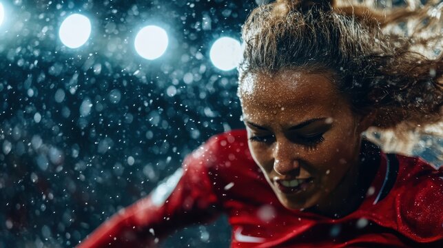 A determined female soccer player in a rain-soaked environment, focused on the game with bright stadium lights in the background, emphasizing action and intensity.