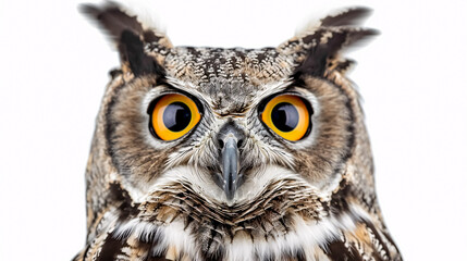 Obraz premium Portrait of a Surprised Owl: Close-up, isolated on a white background.
