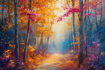 Fototapeta premium Vibrant autumn path through colorful forest landscape. Generative AI