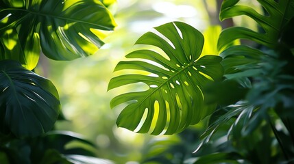 Close up of lush green monstera leaves.