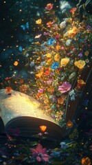 Obraz premium Whimsical garden emerging from an open book with colorful flowers