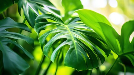 Close-up shot of green monstera leaves with a blurred background.
