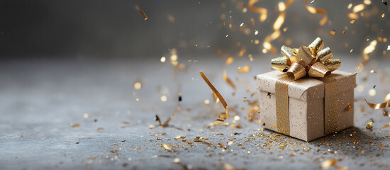 Cheerful festive scene gift with gold glitter,confetti and celebration streamers. Perfect for occasions like birthdays, holidays, and celebrations.concepts of the joy of giving and festivity.