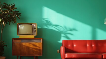 A charming yellow retro television sits on a classic wooden cabinet, casting shadows on a teal wall while accompanied by a cozy red sofa in a stylish room.
