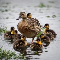 A mother duck with her ducklings following closely on a white background.