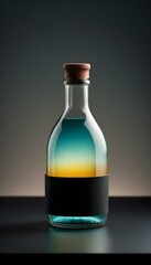round glass bottle with a wide base, empty and clear, placed on a matte black surface create with ai