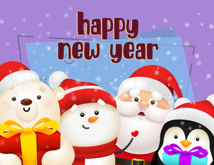 New Year postcard design. Cartoon bear, snowman, penguin and Santa holding gifts with snowfall in background. Vector illustration used for Christmas posters, greeting and invitation card templates