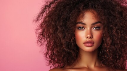 A striking portrait of a woman with voluminous curly hair set against a soft pink background, showcasing beauty and confidence with a modern twist.