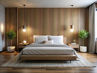 Minimalist Bedroom Design with Clean-Lined Bed and Simple Nightstands Against Textured Wooden Planks for a Calming and Modern Aesthetic