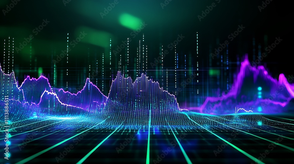 Poster abstract data visualization with colorful waves and grids representing financial trends and analytic