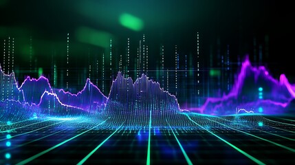 Abstract Data Visualization with Colorful Waves and Grids Representing Financial Trends and Analytics Insights