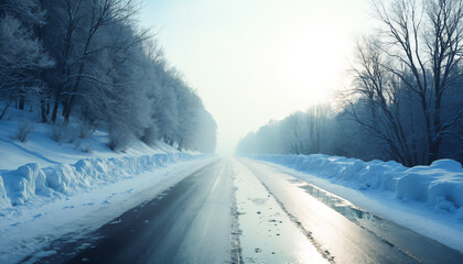 Wet asphalt road leading into snowy winter forest at sunrise