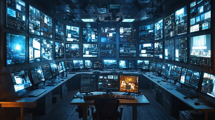 Advanced control room with numerous high-tech security monitors