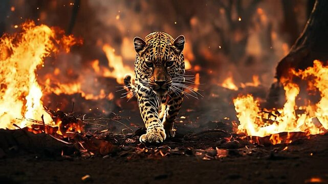A leopard in danger of forest fires, Wild animals in the context of climate change	